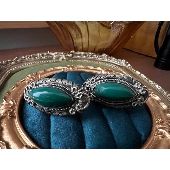 Vintage H.C. Chavez Mexican Sterling Earrings Green Cabochon Screw Backs - Picture 1 of 9